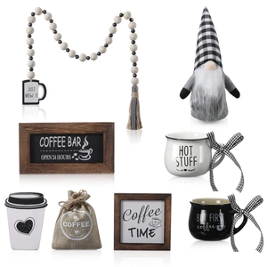 Detailed set of 8 farmhouse coffee bar decorations including gnomes and wooden signs