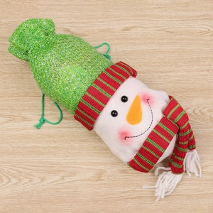 Detail of Christmas snowman wine bottle cover with sequin hat and striped scarf