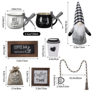 8-piece coffee tiered tray decor set including gnome, mini mugs, and wooden signs