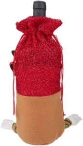 Close-up of a festive red knit and brown felt wine bottle gift bag with elf legs decoration