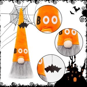 Halloween faceless gnome plush decoration with orange BOO hat and bat accent on white background