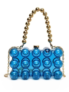 Blue transparent acrylic bubble clutch bag with gold beaded handle and chain strap