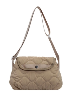 Minimalist khaki quilted crossbody bag with adjustable wide strap and snap closure