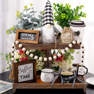 Gnome coffee tray decor set with check pattern hat, wood signs, and beaded garland
