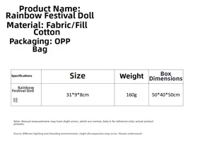 Size chart showing rainbow gnome doll dimensions 31x9x8cm and 160g weight details