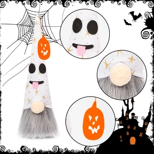 Detail shots of Halloween glowing gnome plush showing star pattern hat and pumpkin tag