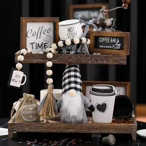 Farmhouse coffee tiered tray decor set with gnome, wooden signs and beaded garland
