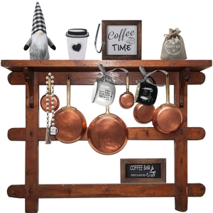 Rustic wooden coffee bar wall shelf with gnome, hanging mugs and decorative signs