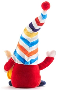 Rear view of a rainbow gnome plush toy with striped hat and red fabric body details