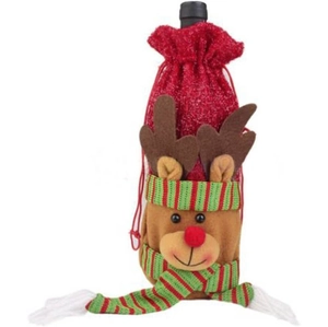 Christmas reindeer wine bottle cover in red velvet with striped scarf for table decoration