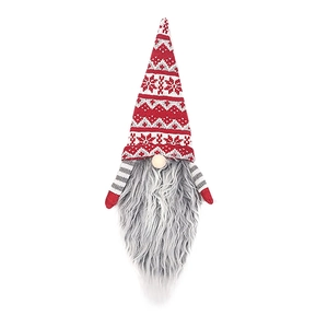 Detail of Christmas gnome wine bottle cover featuring red snowflake knit hat and plush beard