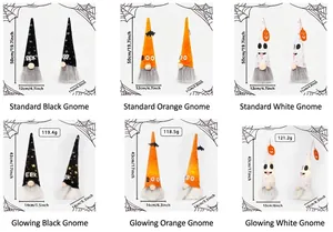 Tableau détaillé des tailles et poids pour six modèles de nains d'Halloween lumineux