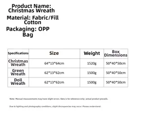 Detailed size chart for LED Christmas wreaths listing material, dimensions, and weights