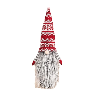 Knitted Christmas gnome decoration with long grey beard and snowflake pattern hat