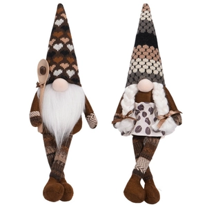 Set of two coffee-themed gnome dolls with knitting hats and miniature wooden spoon accessories
