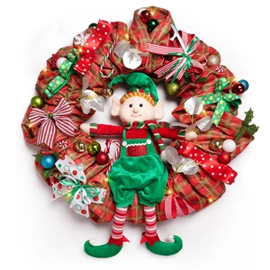 Lighted Christmas wreath featuring an elf doll with red and green plaid fabric and LED lights