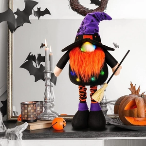 Gnomo di Halloween con Luci LED e Gambe Telescopiche Bambola Senza Volto con Scopa Ornamento Peluche per Festa Casa