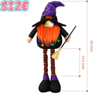 Dimensioni dello gnomo luminoso di Halloween con cappello da strega e gambe a righe
