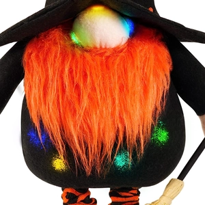 Gnomo di Halloween luminoso con barba arancione e scopa per decorazione festiva