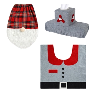 3-piece Christmas toilet set with gnome design, plaid seat cover, rug, and tissue box cover