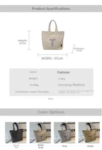 Detailed size specifications and color options for large capacity canvas tote bags