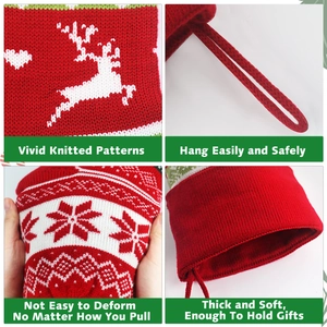 Detail showing knit reindeer pattern and stretching texture of the Christmas stocking