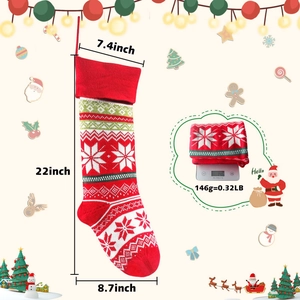 Detailed size and weight chart for a knitted Christmas stocking with snowflake patterns