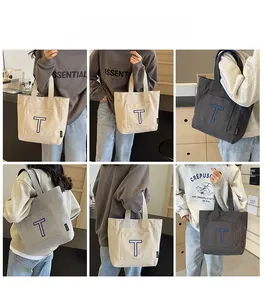 Multiple views of canvas tote bag with letter T embroidery for daily casual commute