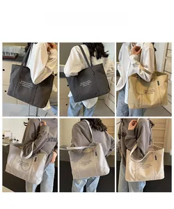 Collage of high-capacity canvas tote bags in neutral tones showing various wearing styles