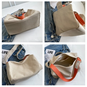 Detailed views of beige canvas tote bag with orange strap and organized interior compartments