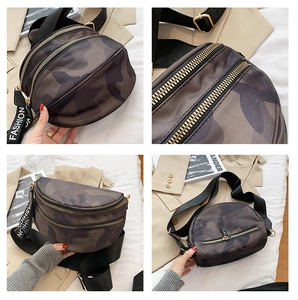 Detail view of camouflage saddle chest bag with fashion strap and dual zipper closure