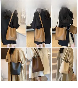 Multiple views of minimalist pebble leather bucket bags in brown, black, and beige colors