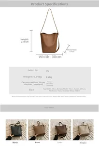 Detailed size specifications for the PU leather bucket bag with four color options