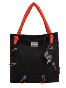 Large black nylon tote bag with orange handles and KEEDS SMILE embroidery on white background