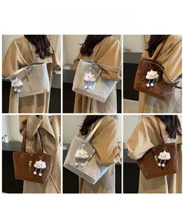 Collage of model wearing pleated tote bag in silver-grey and brown with cloud charm