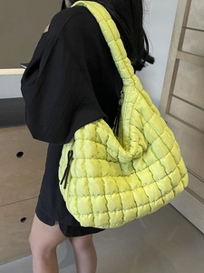 Quilted oversized fluorescent green bubble tote bag with puffer texture for women