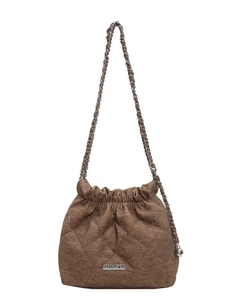 Brown quilted chain bucket bag for women with vintage textured knit fabric and silver plate