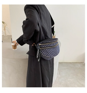 Detail of blue geometric jacquard crossbody bag with gold zippers and fashion strap