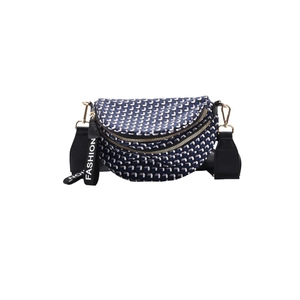Modern camouflage half-moon saddle bag with geometric patterns and a wide fashion strap