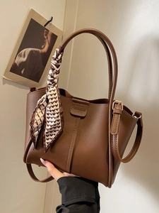Women's Elegant PU Leather Bucket Bag Minimalist Crossbody Handbag With Decorative Satin Scarf And Sub-Mother Bag