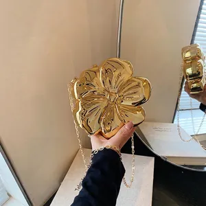 Women Flower Shape Evening Bag Mirror Metal Hard Shell Clutch With Chain Strap Crossbody Bag For Party Banquet Wedding