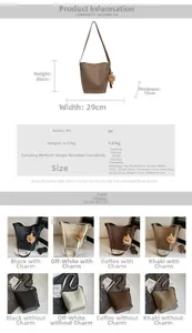 Detailed size chart and multi-color options for PU leather bucket tote with inner pouch