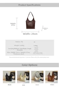 Detailed size specifications for a minimalist PU leather tote bag in four color options