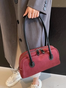 Retro burgundy frosted shoulder bag with white contrast stitching and black leather handle
