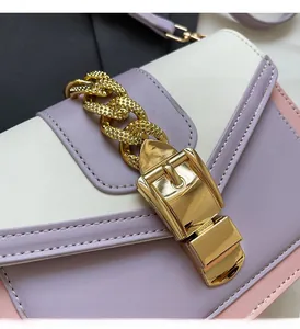 Close-up of tricolor crossbody bag featuring golden chain and large square metal buckle