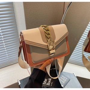 Detail of color-block crossbody bag with gold chain decoration and wide strap