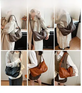 Collage of soft pleated leather crossbody bags in dark brown, tan, black, and caramel
