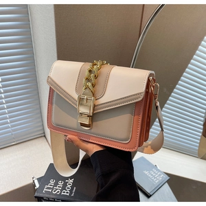 Detail of color-block square crossbody bag featuring gold chain and wide shoulder strap