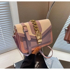 Detail of color-block small square bag with bold gold chain and flap closure