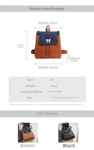 Detailed size chart and material specifications for this brown and blue PU leather backpack